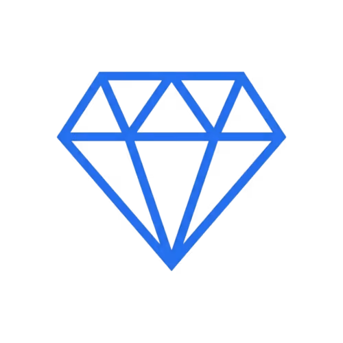 Blue geometric diamond icon with clean, angular lines on a black background.