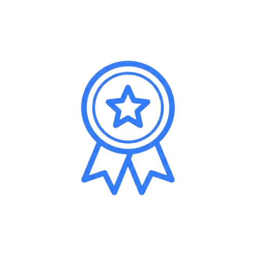Blue icon of an award ribbon with a star in the center on a black background.