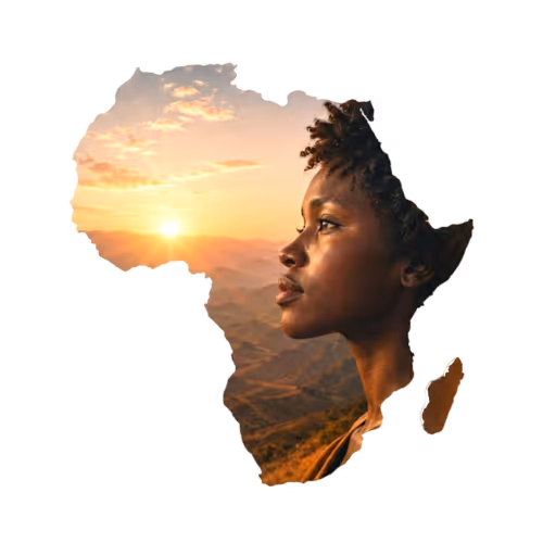 Profile of a young woman looking at a sunset over a mountainous landscape shaped like the African continent.