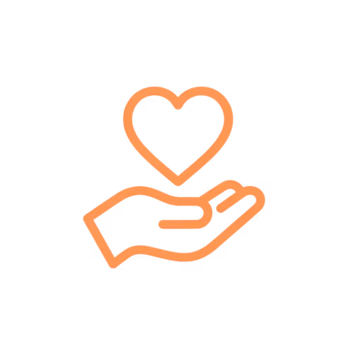 Orange outline of a hand holding a heart symbol on a transparent background.