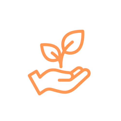 Orange line icon of a hand holding a small plant with two leaves.
