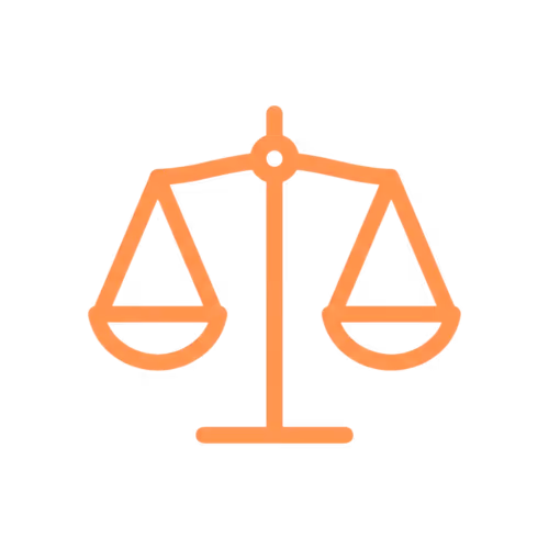 Orange icon of a balanced scale symbolizing justice on a transparent background.