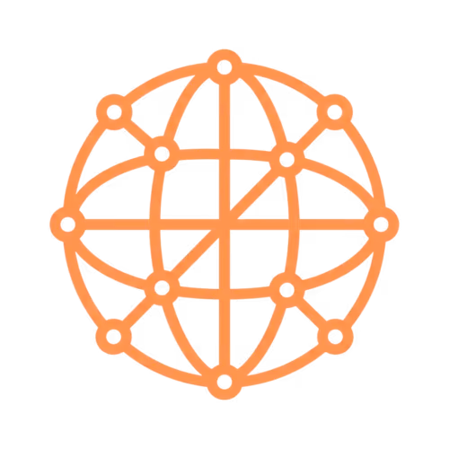 Orange network globe icon with interconnecting nodes on a black background.
