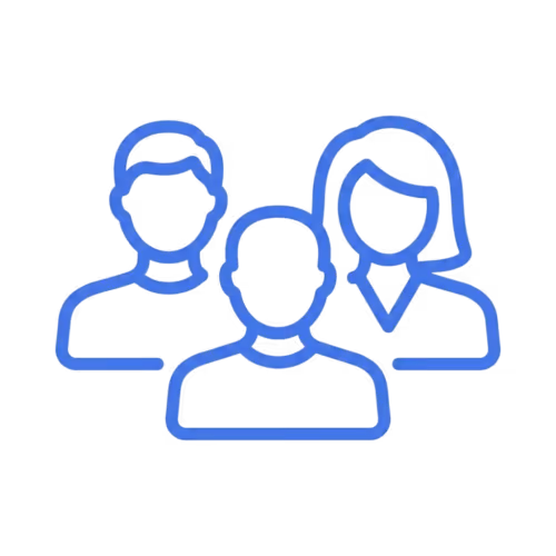 Blue line icon depicting three people representing a group or community.