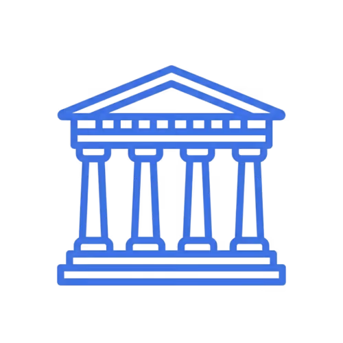 Blue outline icon of a classical bank building with four columns and a triangular pediment.
