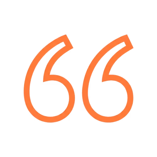 Orange double quotation mark symbol on white background.