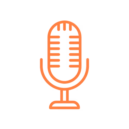 Orange outline icon of a retro microphone on a stand.