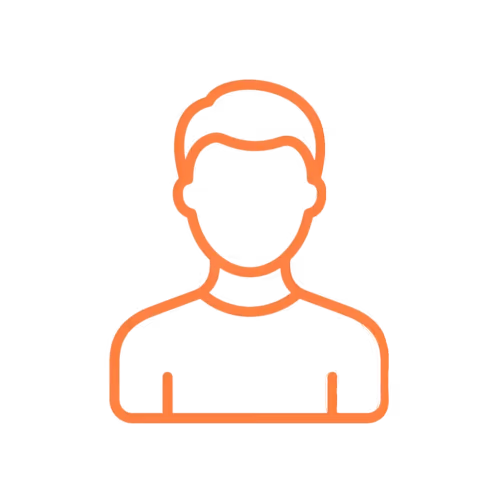 Orange outline icon of a person's bust and shoulders on a transparent background.