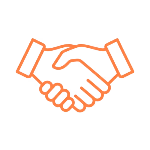 Orange line icon of two hands shaking, symbolizing a handshake or agreement.