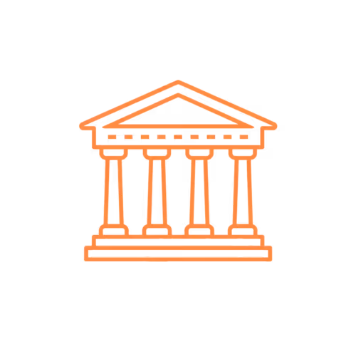 Orange line art icon of a classical building with four columns and a triangular pediment representing a bank or government institution.