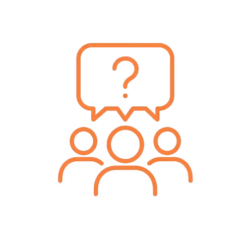 Three outlined figures with a shared speech bubble containing a question mark above them.