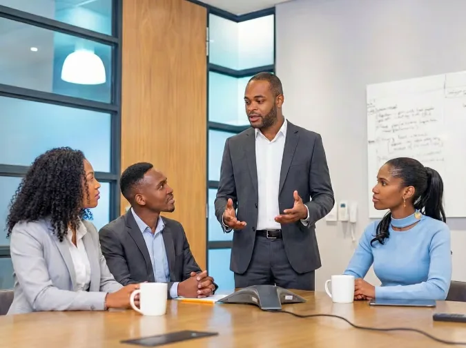 Four business professionals having a meeting in a conference room, with one man standing and speaking while the others listen attentively.
