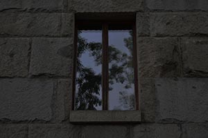 Dark window reflecting trees on a stone wall.