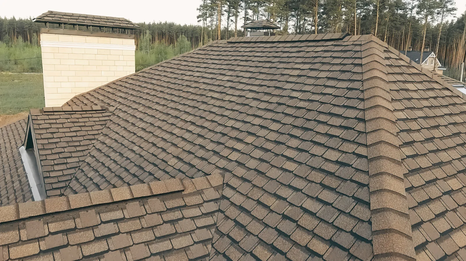 Brown shingle roof with multiple pitched sections and a brick chimney against a forest background.