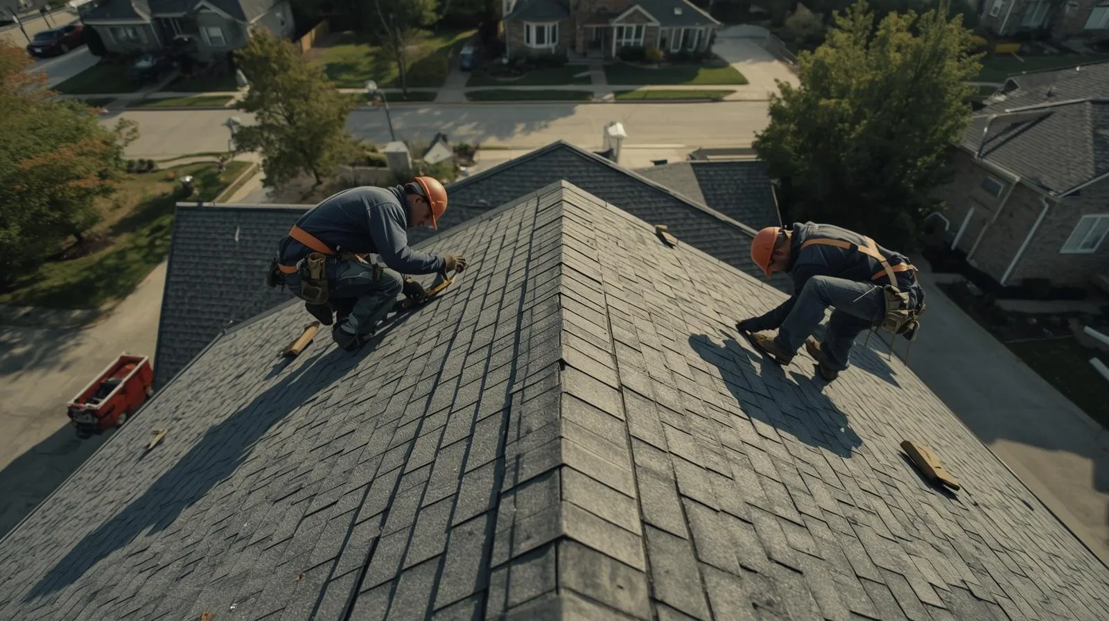 Two workers wearing orange helmets inspecting and repairing shingles on a residential roof.