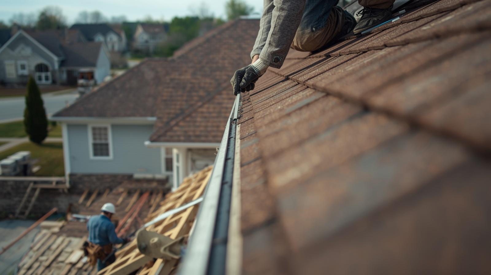 Man wearing gloves working on installing or repairing a rain gutter on a brown shingled roof, with a construction worker and wooden framework below.
