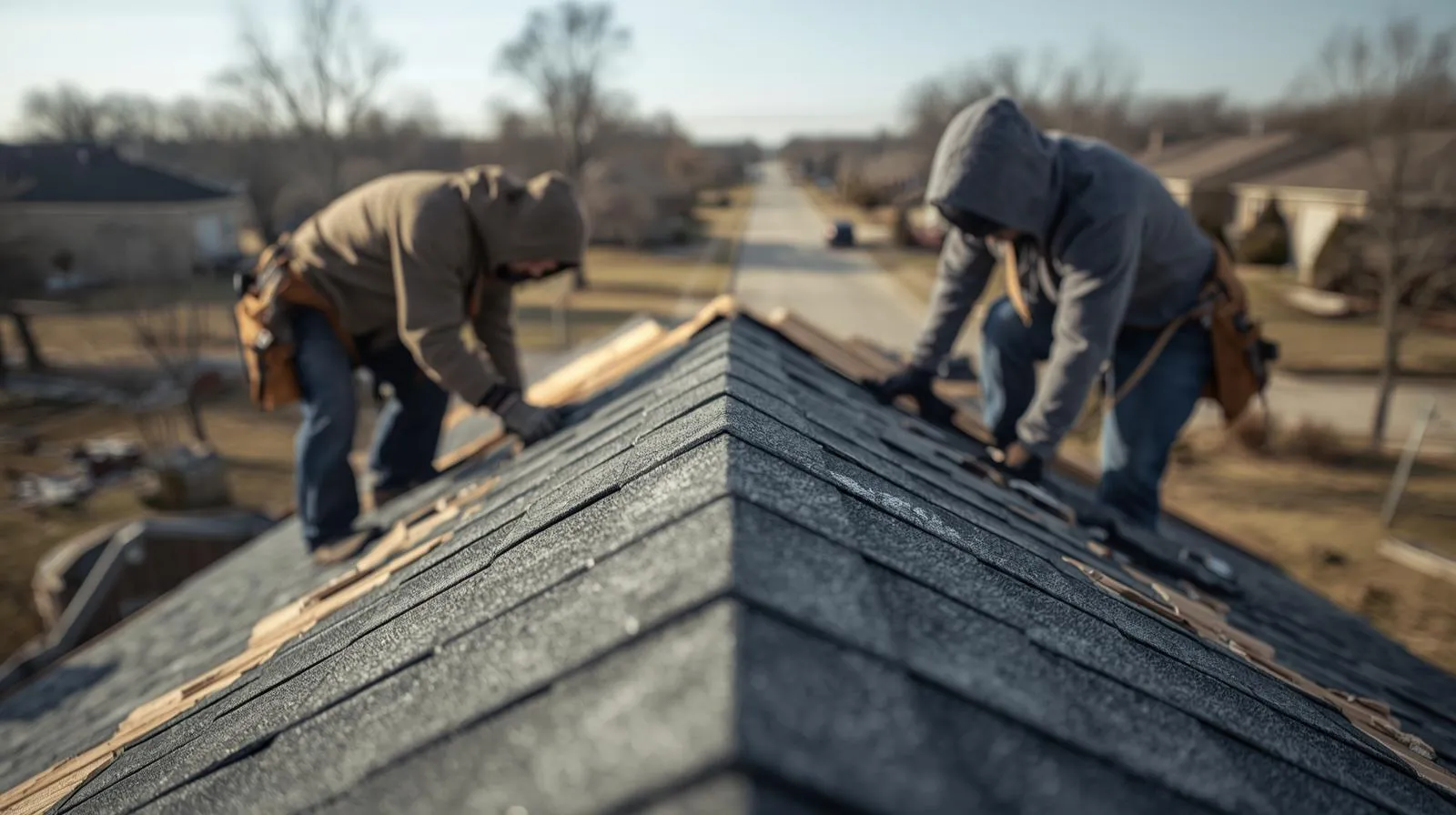 Two construction workers in hoodies installing shingles on a residential roof under clear sky.