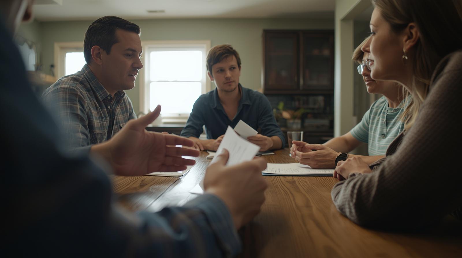 Group of five adults sitting around a wooden table having a discussion with papers in hand in a home kitchen.