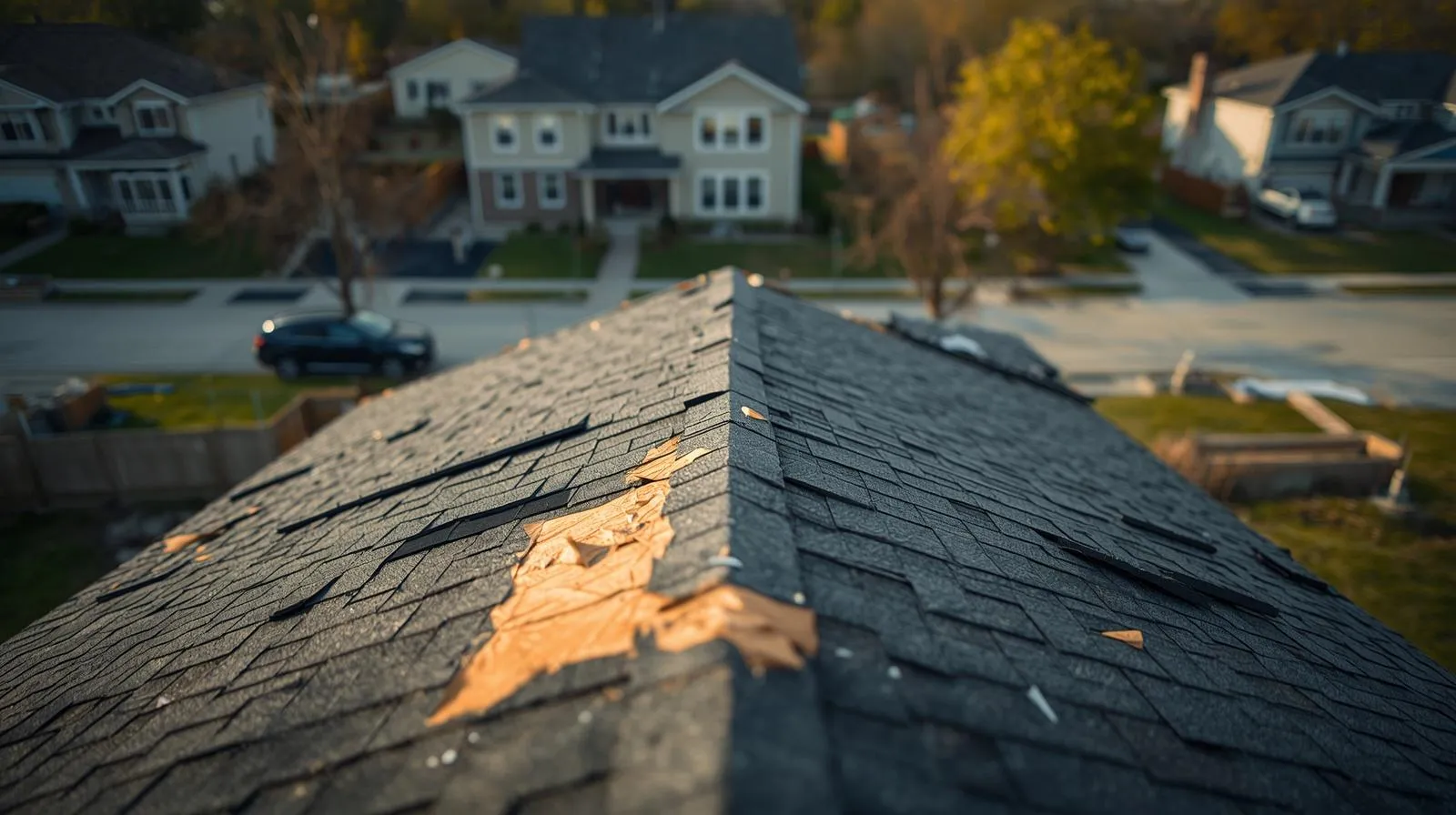 Close-up of a rooftop with multiple shingles missing, exposing the wooden underlayer, in a suburban neighborhood.