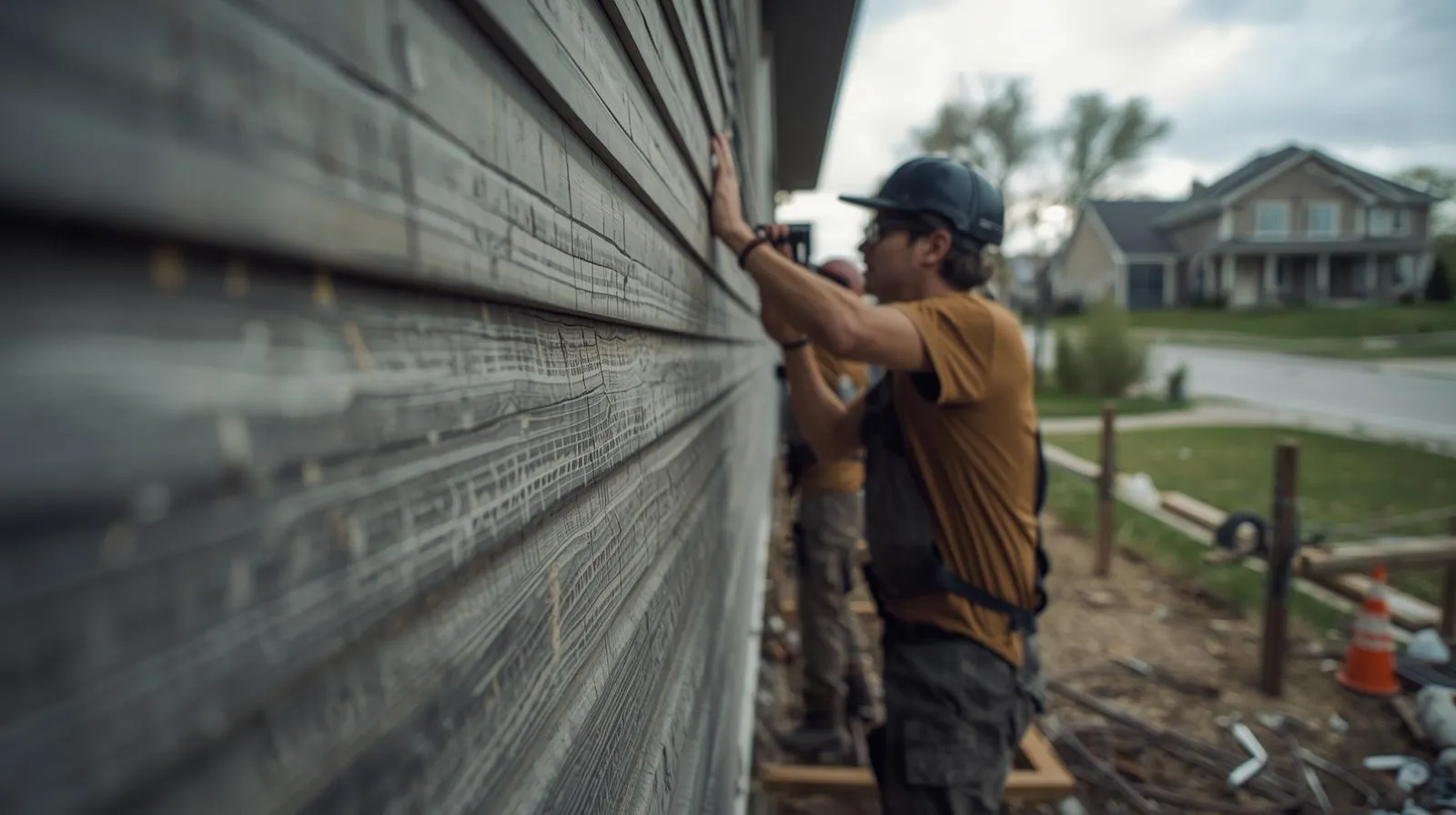 Worker inspecting or repairing dark wooden siding on a house exterior in a residential neighborhood.