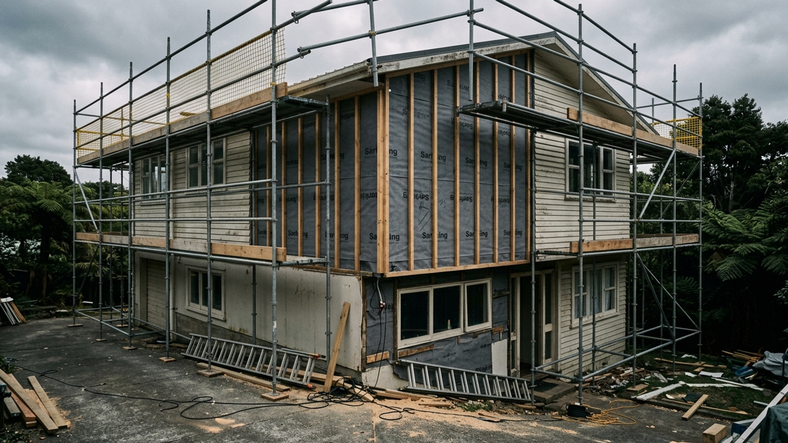 Auckland home mid-reclad with scaffolding and exposed building wrap
