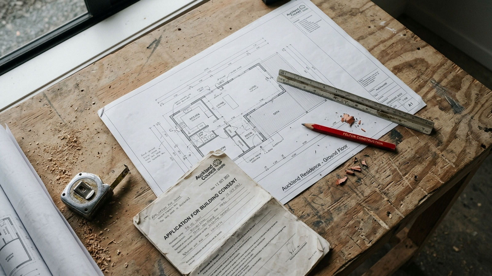 Architectural plans and council consent documents on a plywood work table