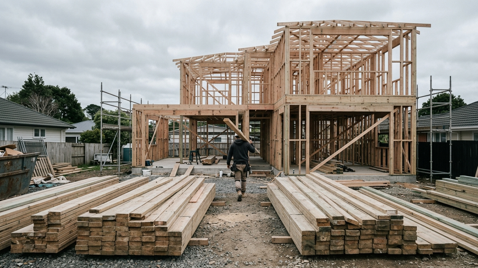 New timber house framing on an Auckland section under overcast sky