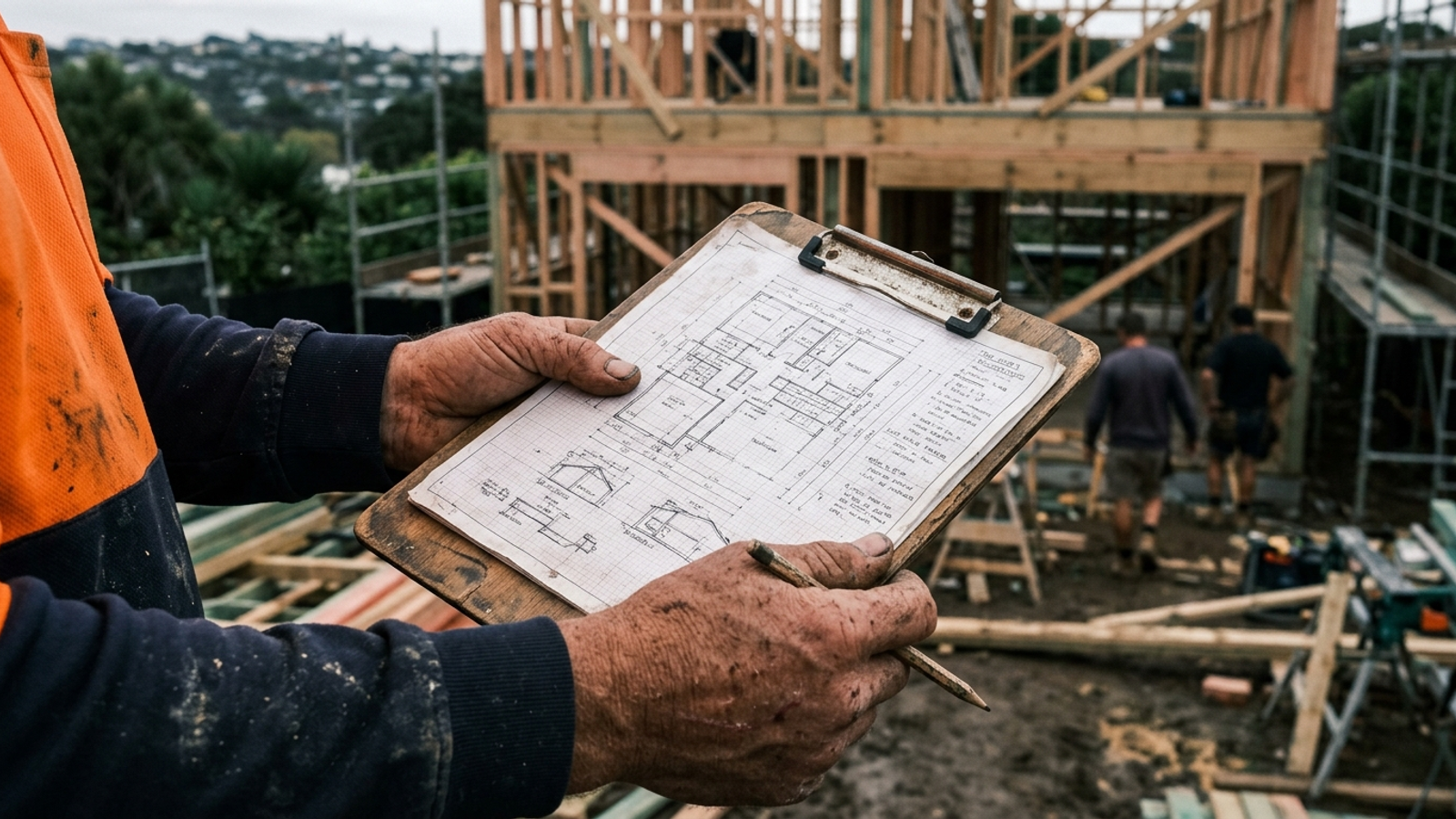 Builder's hands holding architectural plans on an Auckland framing site