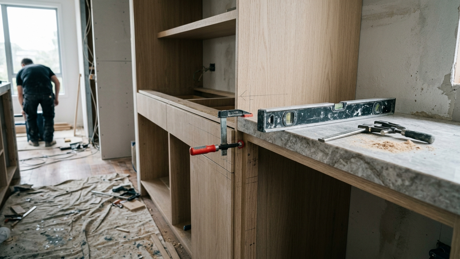 New oak cabinetry mid-installation in an Auckland kitchen renovation