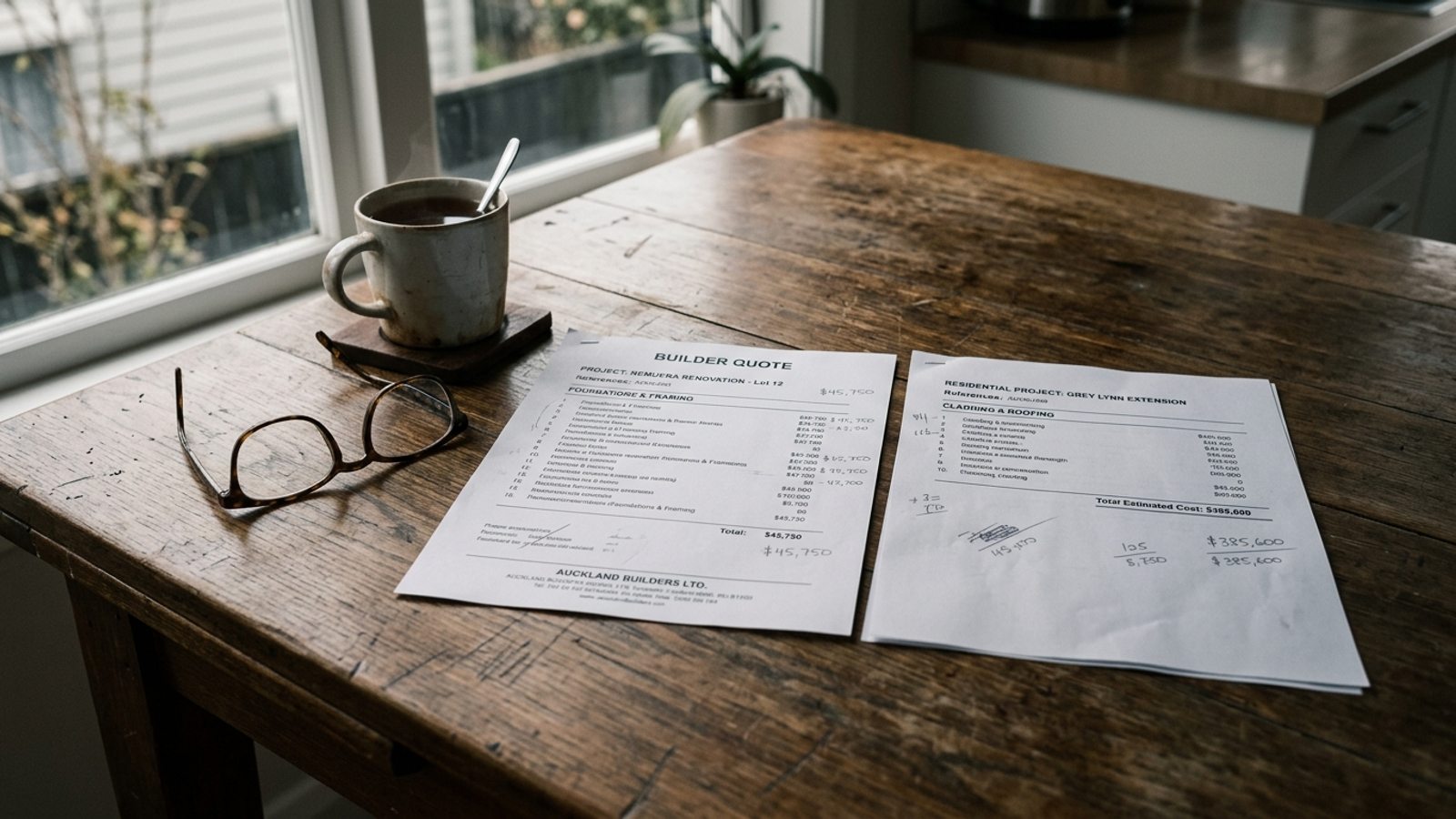 Two builder quotes side by side on a wooden kitchen table