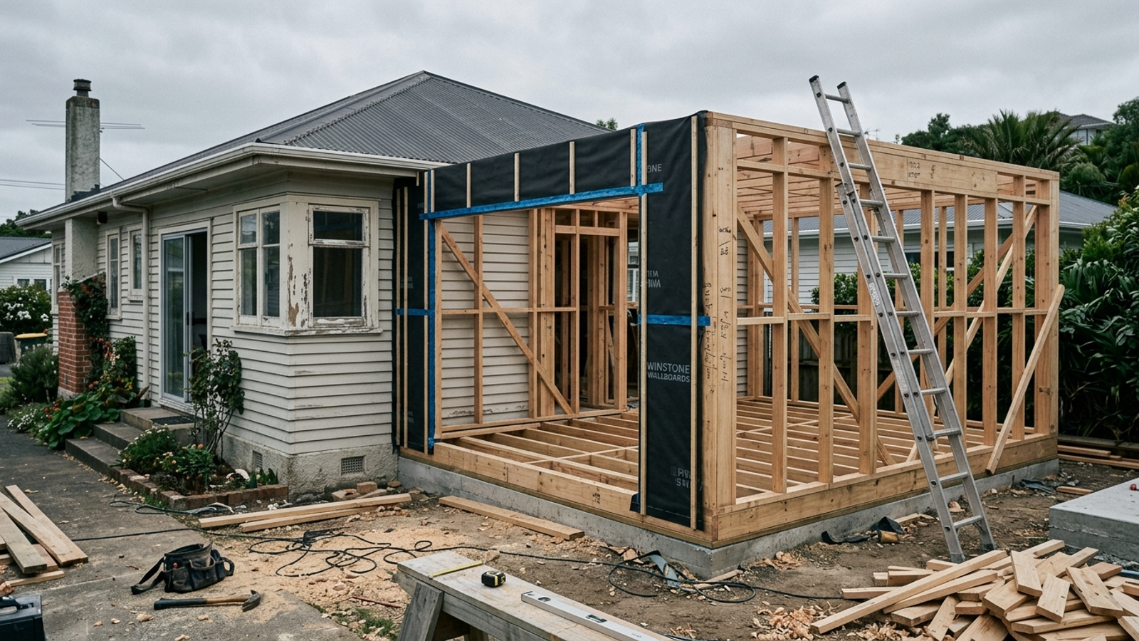 Timber-framed extension joining the rear of a weatherboard Auckland house