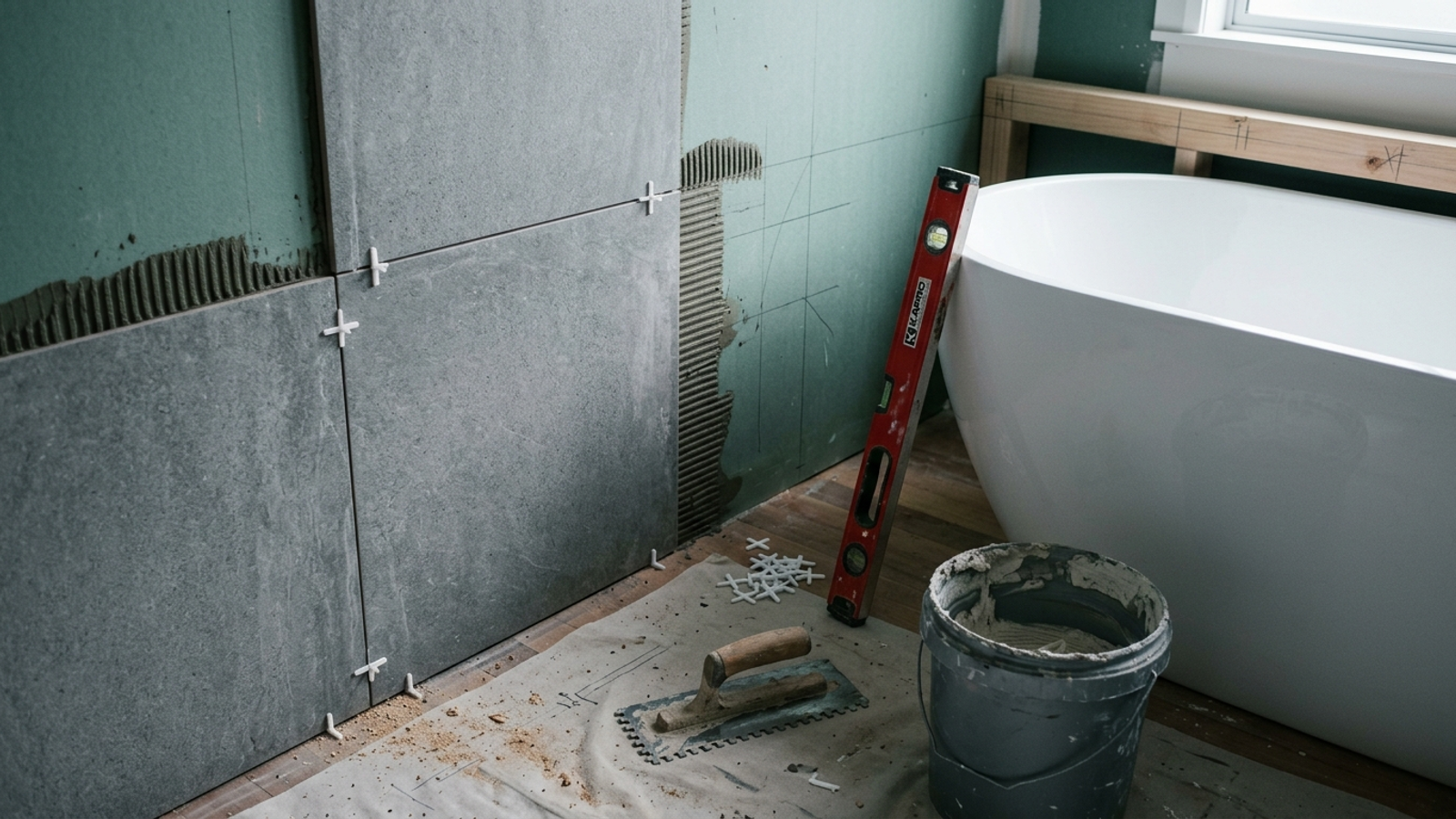 Large-format grey tiles mid-installation beside a new freestanding bath in an Auckland bathroom renovation