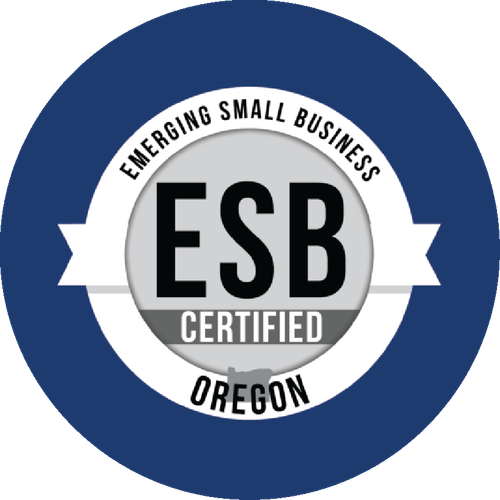 ESB Certified badge for Emerging Small Business in Oregon with circular blue and white design.