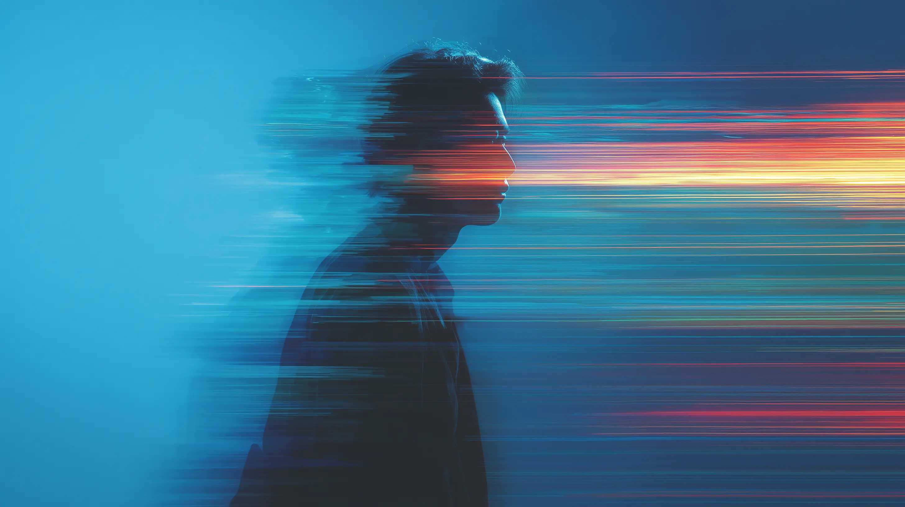 Side profile of a person with motion blur and colorful horizontal light streaks extending from the face.