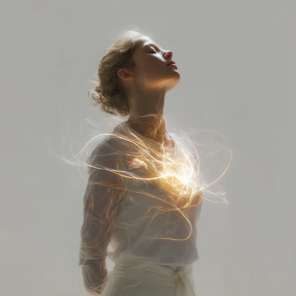 Side profile of a woman with eyes closed and head tilted back, surrounded by glowing light trails around her chest and upper body.