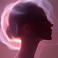 Silhouette of a woman's profile with a glowing pink and purple light around her head and hair.