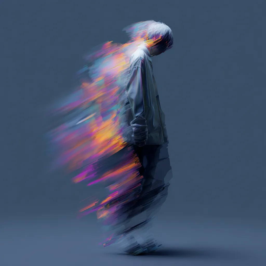 Digital artwork of a person with white hair standing, partially dissolving into vibrant colorful streaks against a dark background.