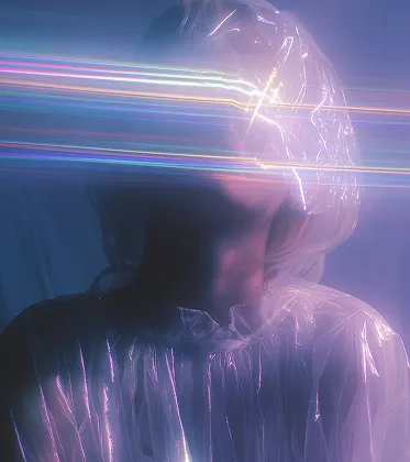 Person wearing a translucent plastic garment with bright horizontal light streaks obscuring their face against a dark background.