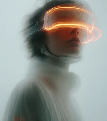 Person wearing a futuristic helmet with glowing orange lights around the visor in a misty environment.