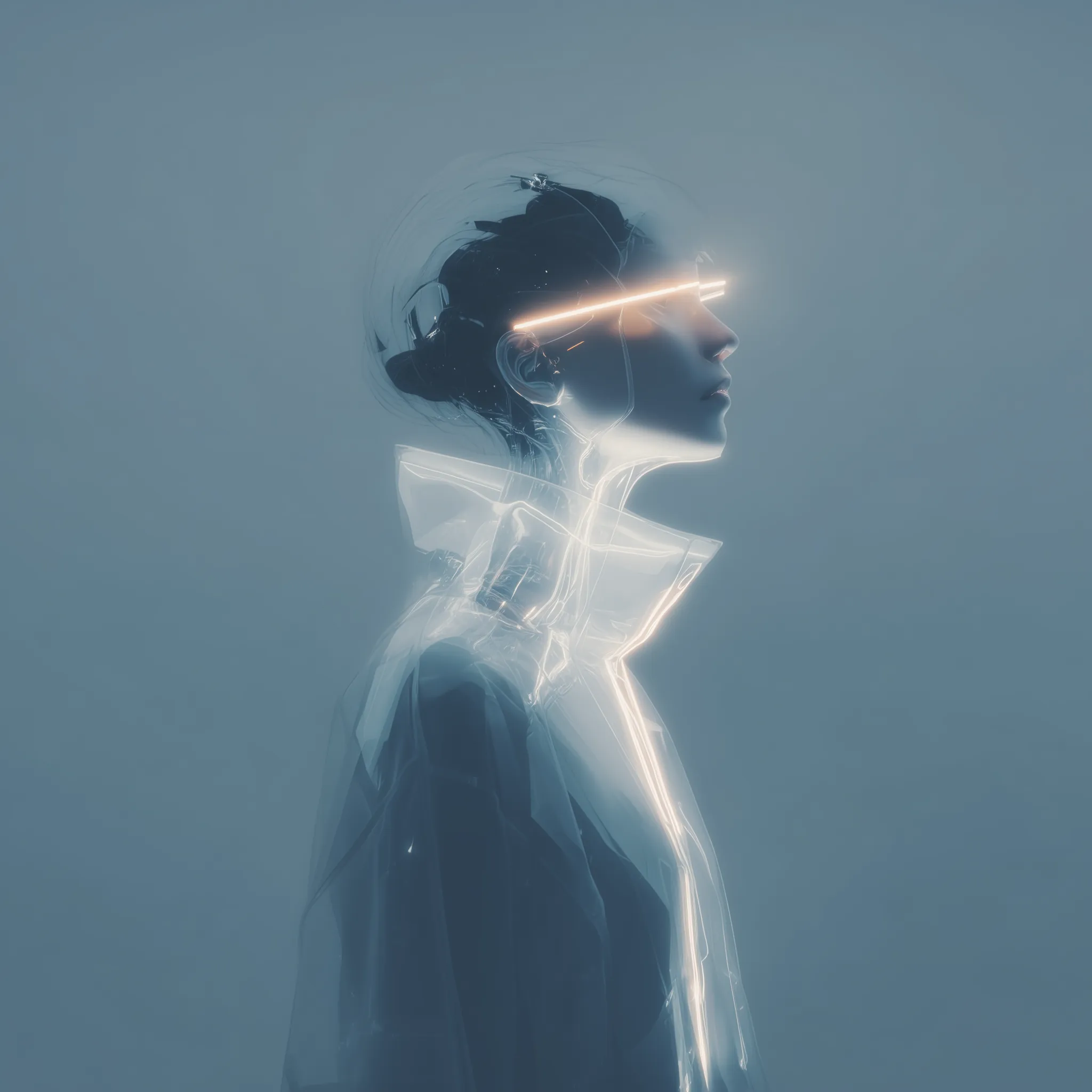 Side profile of a futuristic person wearing a translucent jacket and glowing horizontal visor glasses on a soft blue background.