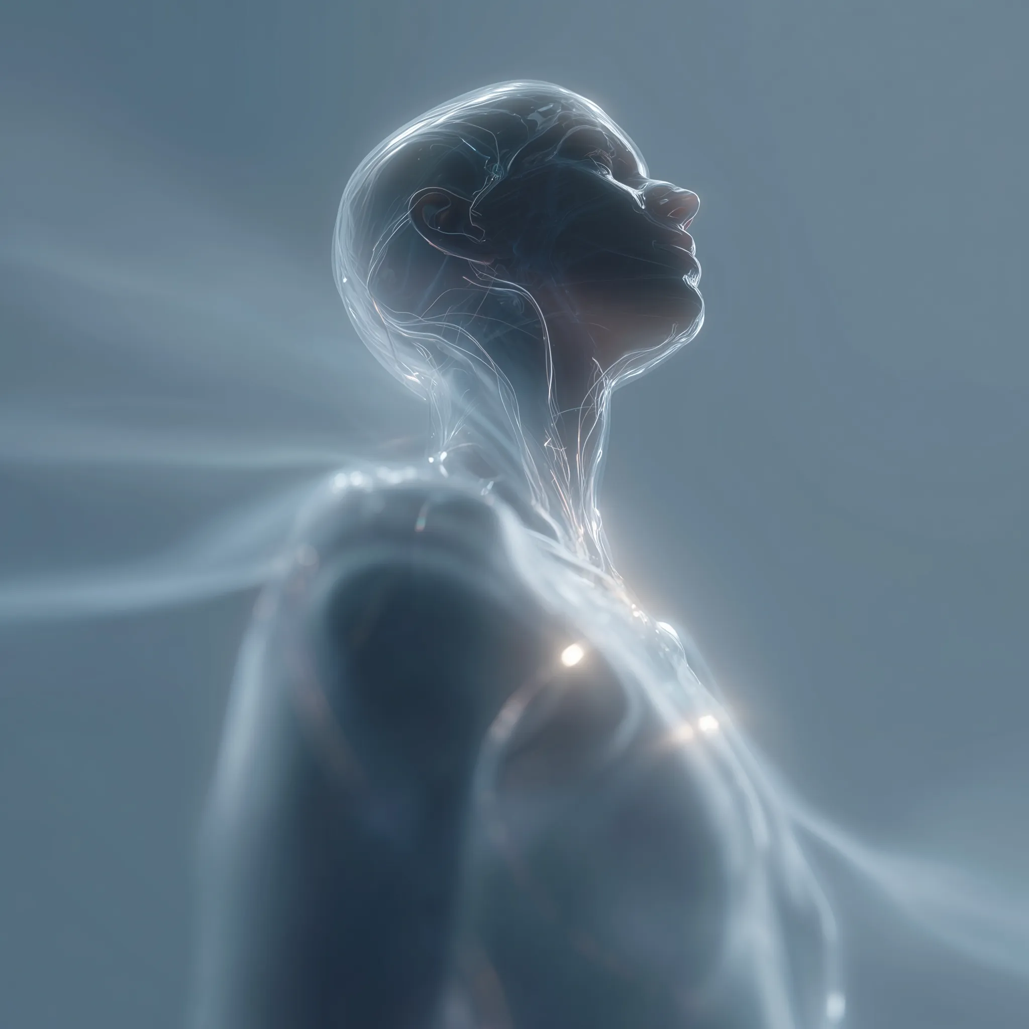 Transparent futuristic human figure with illuminated neural network glowing inside, looking upwards against a blue background.