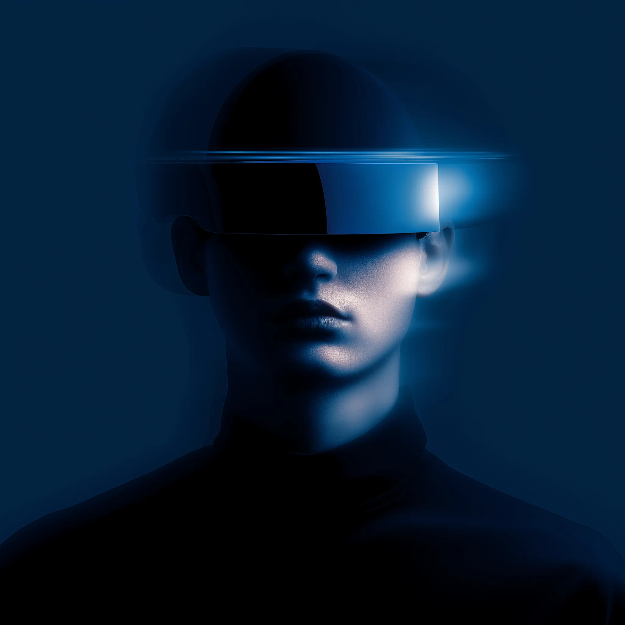 Person wearing a futuristic virtual reality headset emitting a blue glow in a dark setting.