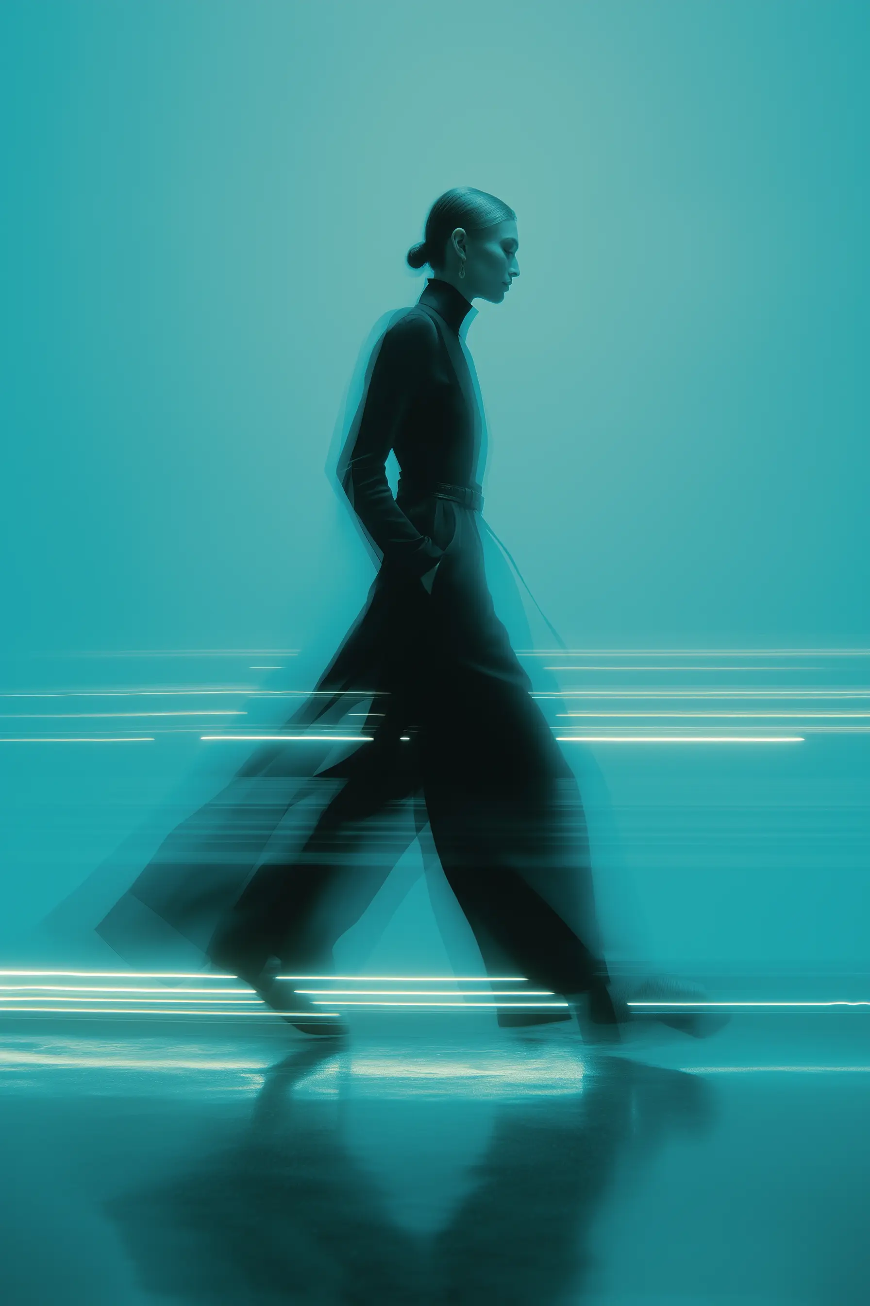 Blurred silhouette of a woman in black high-fashion outfit walking against a turquoise background with streaks of light.