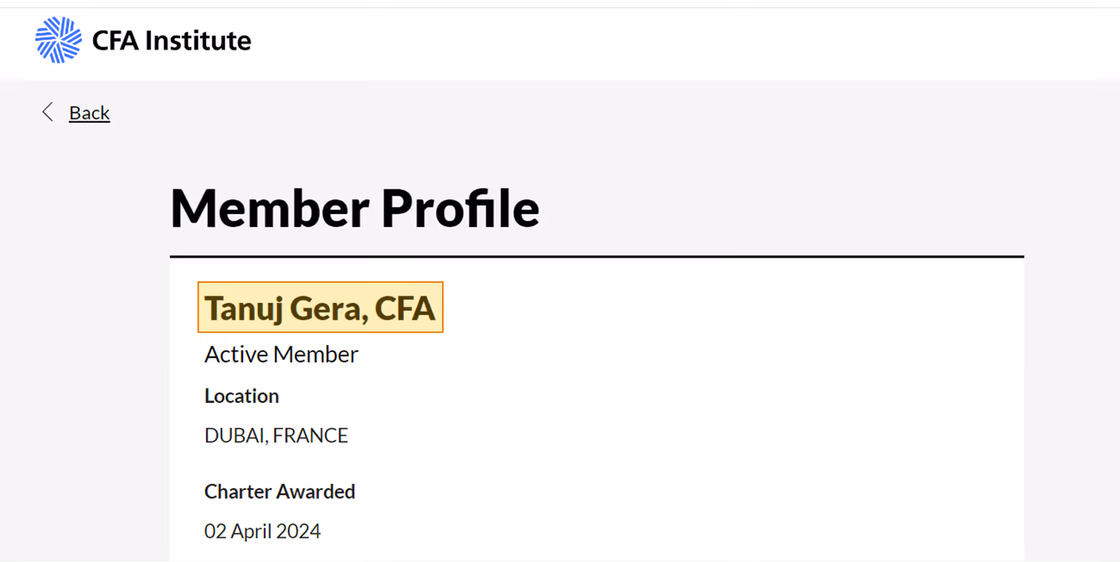 CFA Institute member profile for Tanuj Gera, CFA, active member located in Dubai, France, charter awarded on 02 April 2024.