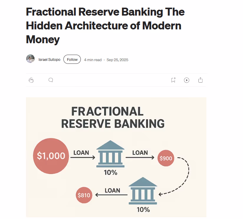 Diagram illustrating fractional reserve banking with $1,000 deposit leading to $900 and $810 loans through banks holding 10% reserves.