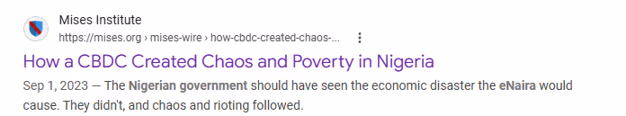 Search result from Mises Institute titled 'How a CBDC Created Chaos and Poverty in Nigeria' with description about the Nigerian government and economic disaster of eNaira.