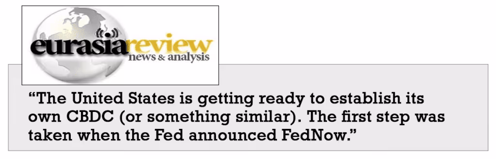Eurasia Review logo above a quote about the United States preparing to establish its own CBDC, mentioning the Fed's announcement of FedNow.