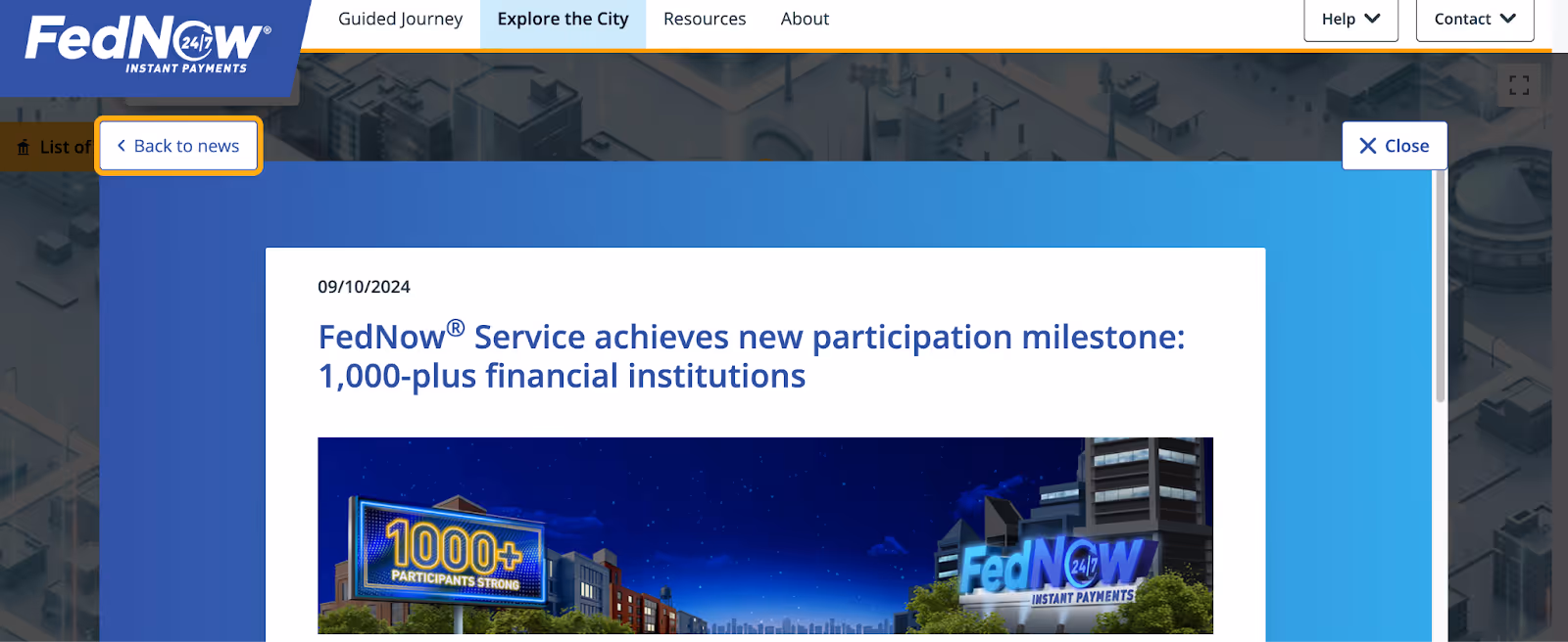 FedNow news page announcing milestone of over 1,000 financial institutions participating in the service, with a nighttime cityscape and FedNow signage.