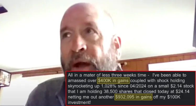 Man with a beard sharing a testimonial about amassing over $400K and $932,095 in gains from stock investments.