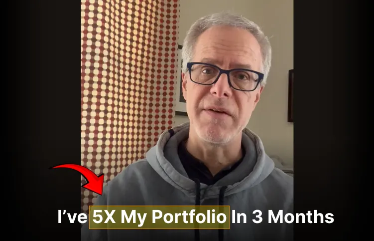 Middle-aged man wearing glasses and a hoodie speaks in a testimonial video with text overlay saying 'I’ve 5X My Portfolio In 3 Months' highlighted by a red arrow.